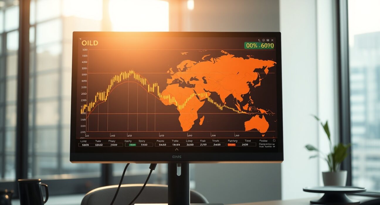 Financial chart showing falling gold prices and rising oil prices amid geopolitical tensions.