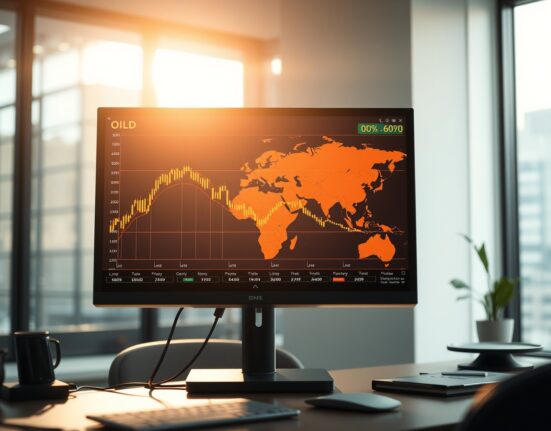 Financial chart showing falling gold prices and rising oil prices amid geopolitical tensions.