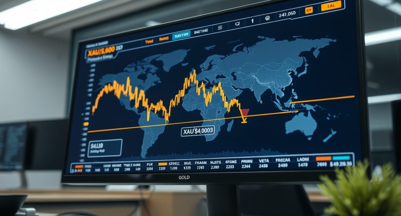 Gold price chart falling below $4,600 on a trading desk monitor, reflecting market reaction to Trump and dollar strength.