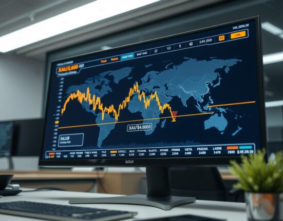 Gold price chart falling below $4,600 on a trading desk monitor, reflecting market reaction to Trump and dollar strength.