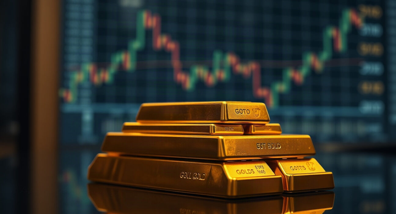 Gold bars reflecting a financial chart, representing price movement and market pressure.