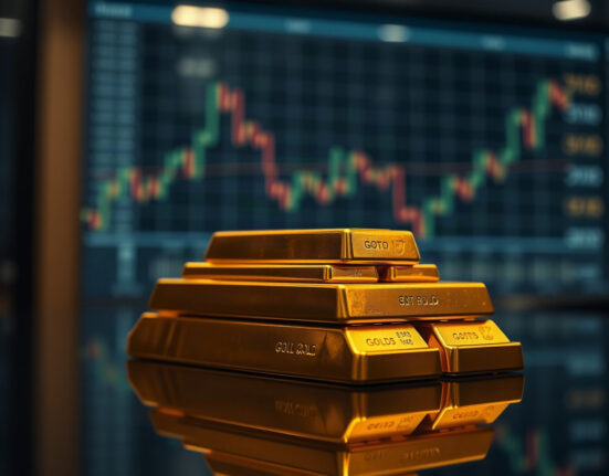 Gold bars reflecting a financial chart, representing price movement and market pressure.