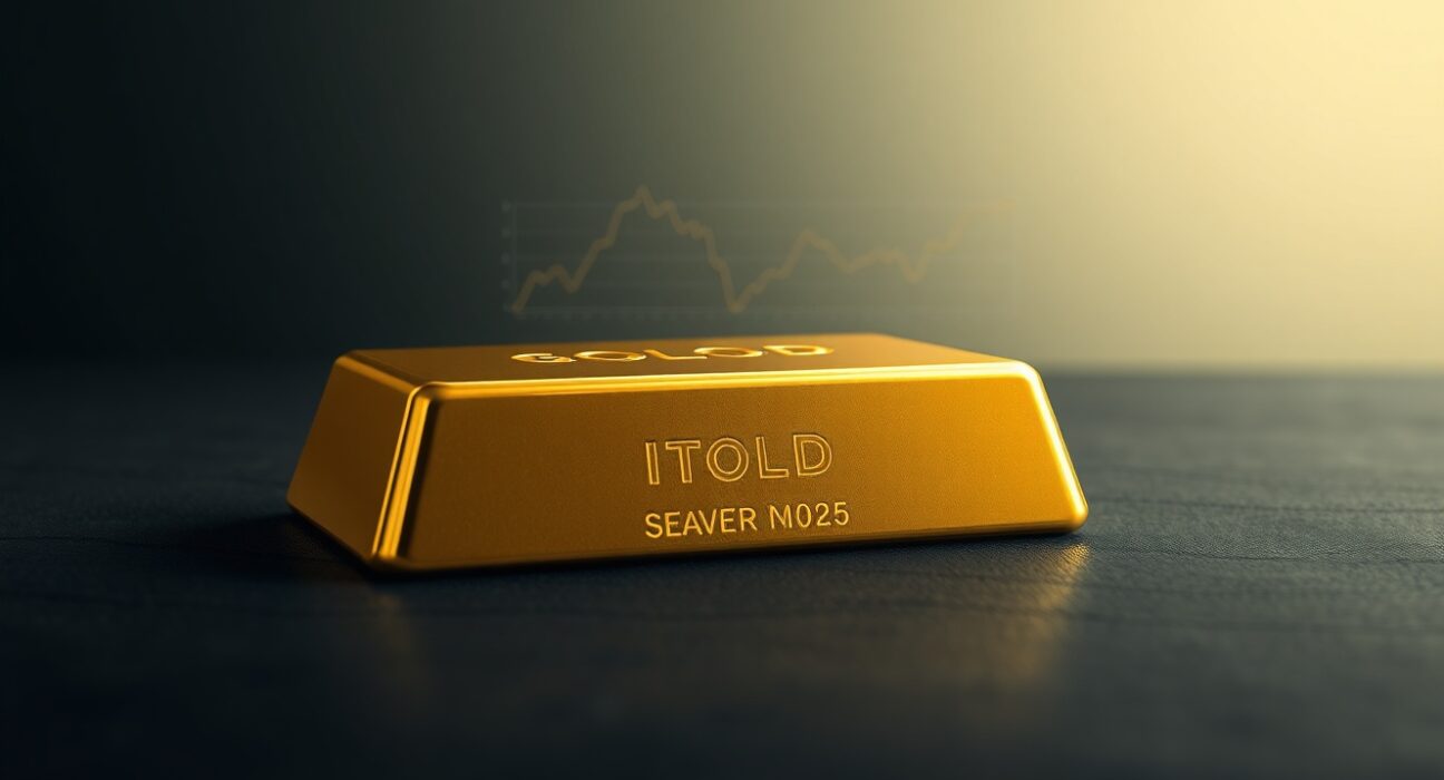 Gold bullion bar representing market price pressure from Federal Reserve policy and US Dollar strength.