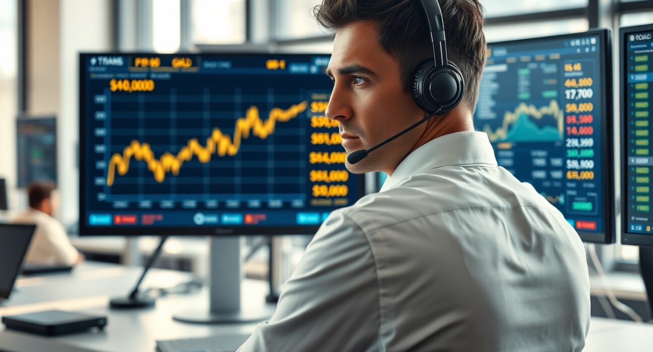 Trader analyzes gold price chart below $5,000 amid Federal Reserve and Middle East market forces.