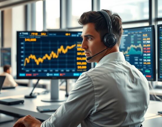 Trader analyzes gold price chart below $5,000 amid Federal Reserve and Middle East market forces.