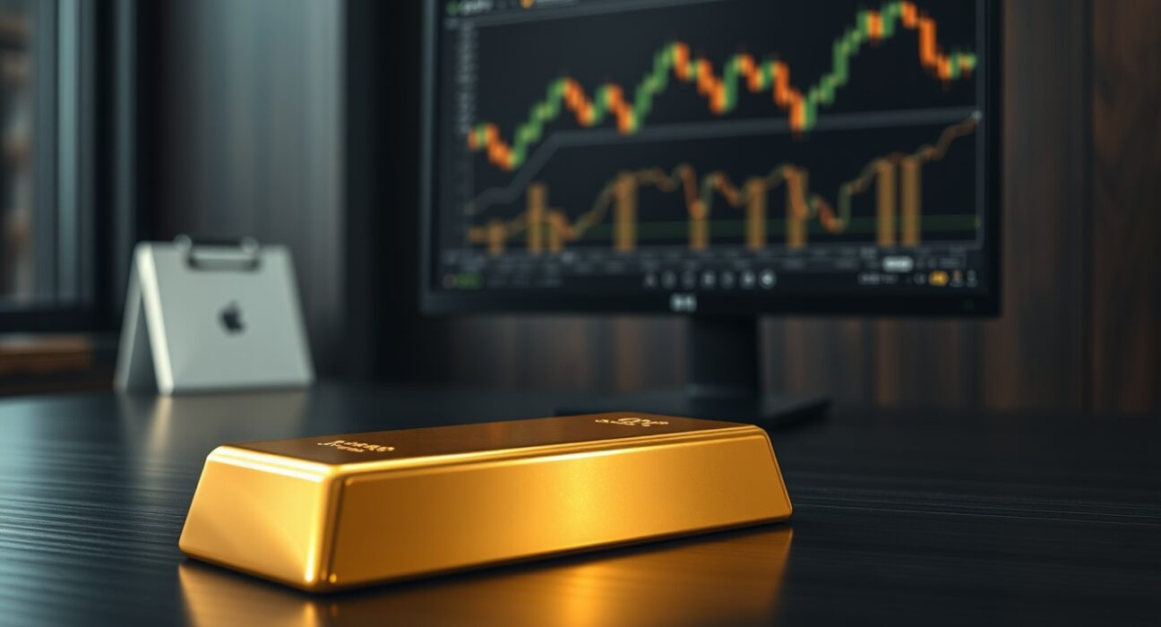 Gold bullion bar with financial charts representing market analysis of gold price movements amid Federal Reserve policy and geopolitical developments.