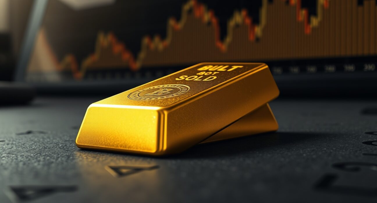 Gold bullion bar reflects market pressure from Federal Reserve rate hike expectations strengthening the US dollar.