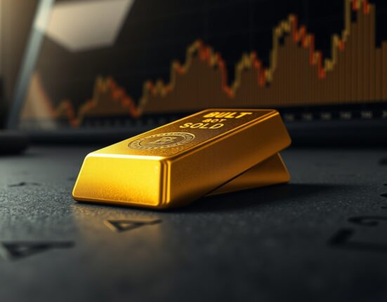 Gold bullion bar reflects market pressure from Federal Reserve rate hike expectations strengthening the US dollar.