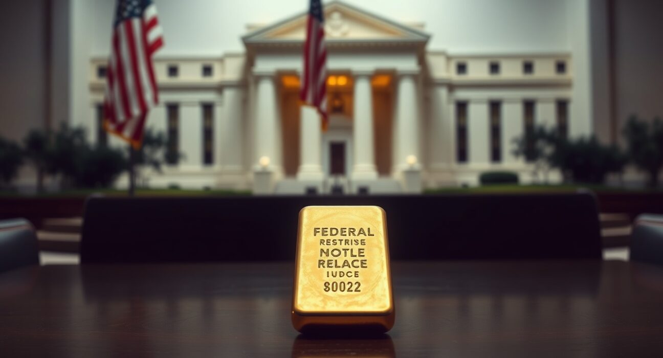Gold bullion bar on a table with a blurred American flag and Federal Reserve building in the background, representing gold price hesitation ahead of FOMC meeting.