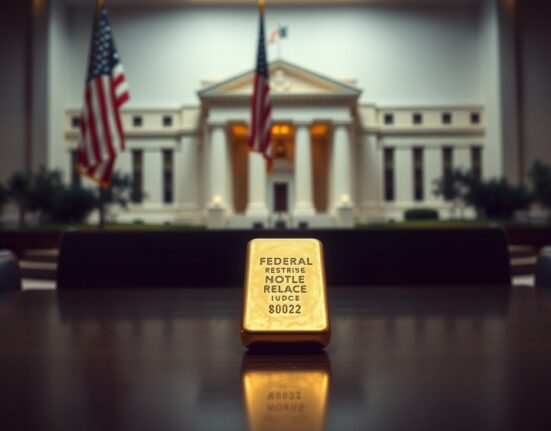 Gold bullion bar on a table with a blurred American flag and Federal Reserve building in the background, representing gold price hesitation ahead of FOMC meeting.