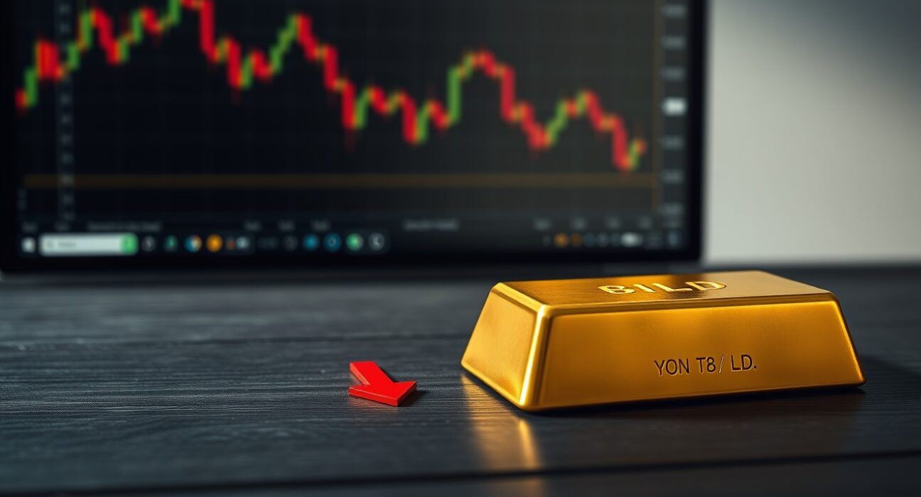 Gold bar with a downward-pointing red arrow and a stock market chart on a screen in the background.