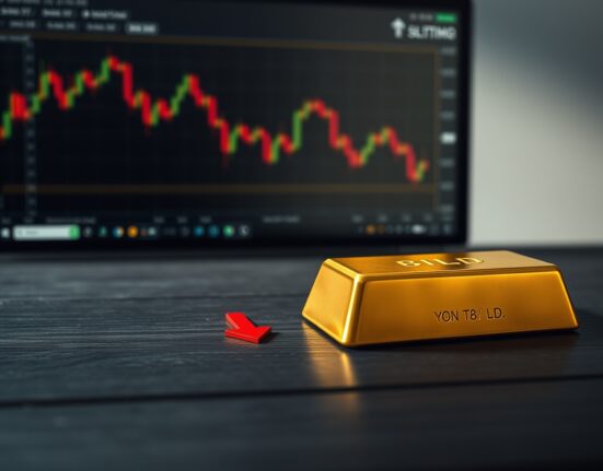 Gold bar with a downward-pointing red arrow and a stock market chart on a screen in the background.