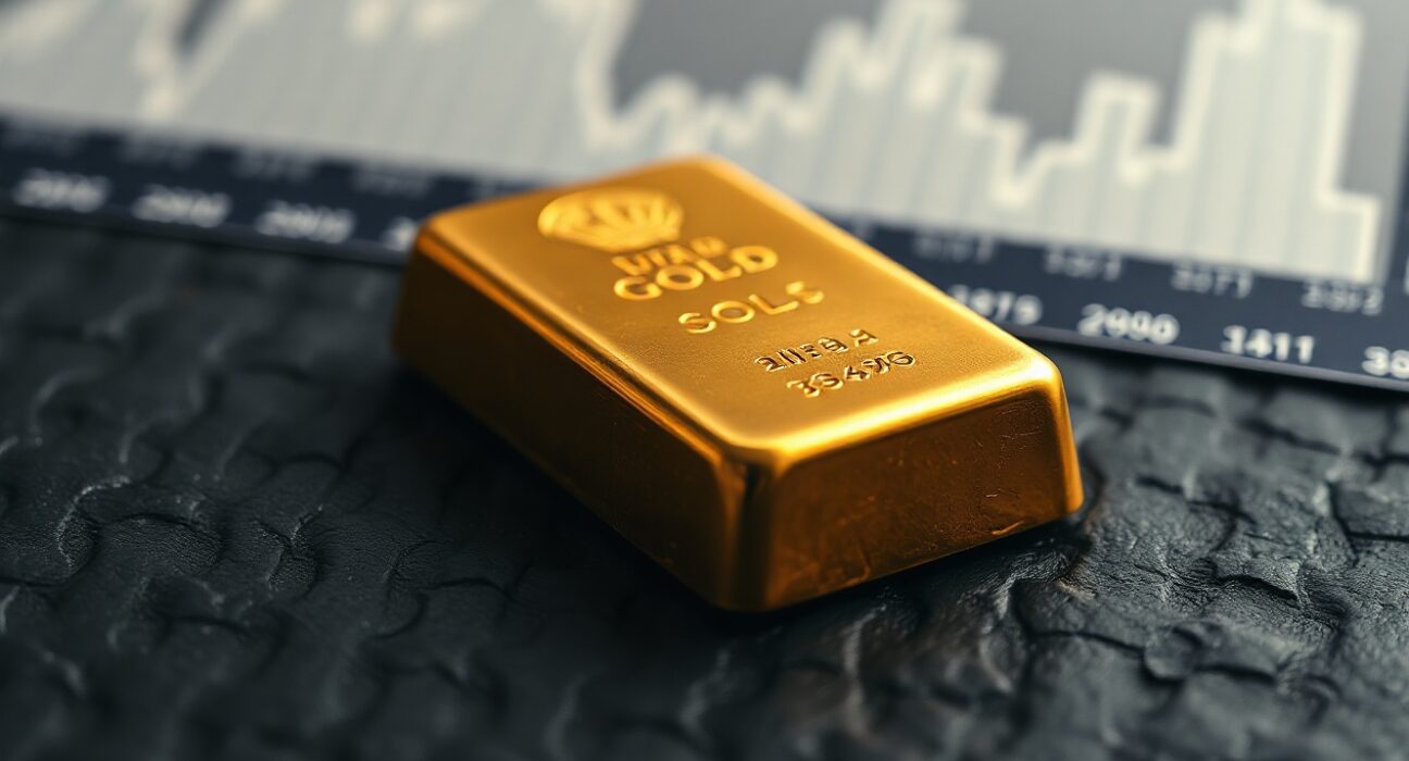 Gold bar on a trading desk with a chart in the background, representing XAU/USD price action.