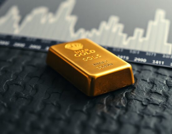 Gold bar on a trading desk with a chart in the background, representing XAU/USD price action.