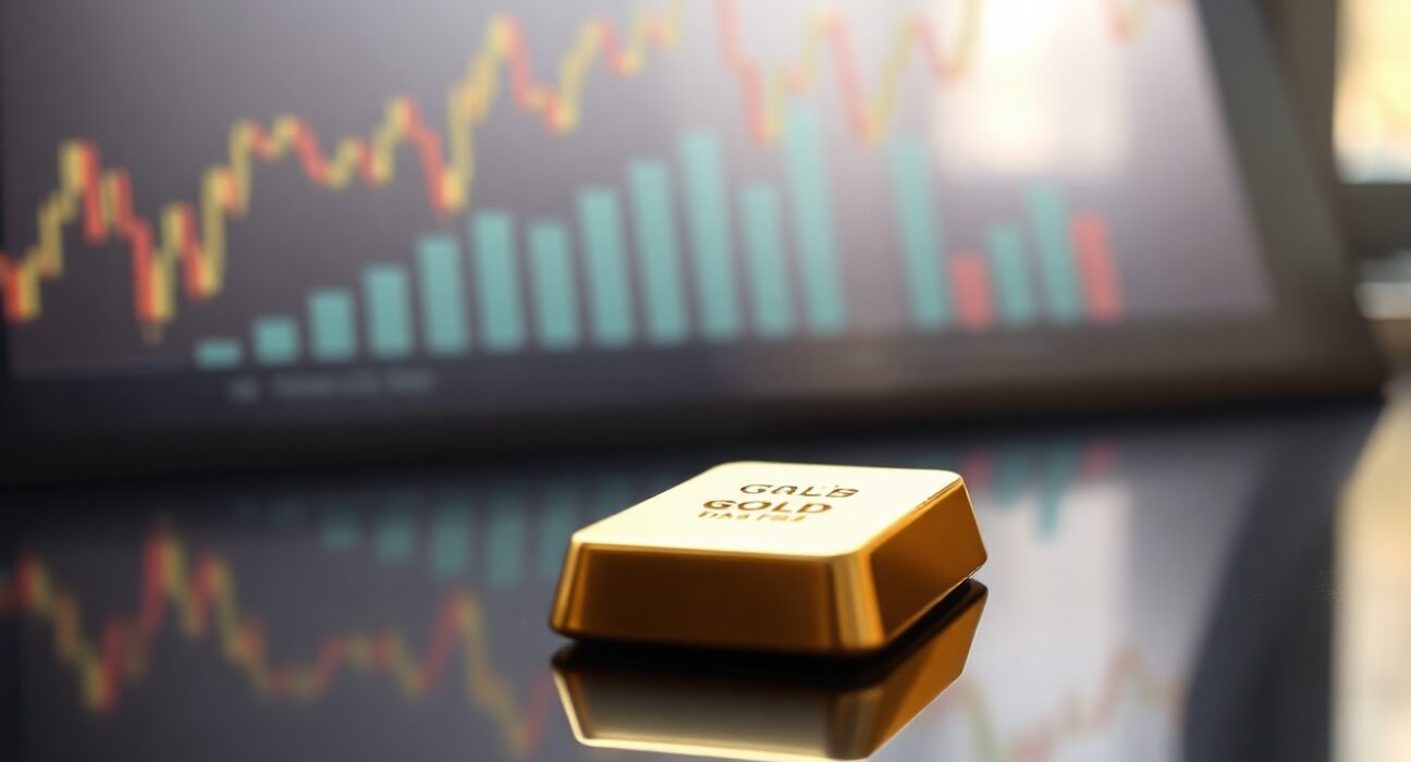 Gold bullion bar with financial charts in background, symbolizing gold price forecast ahead of US CPI data.