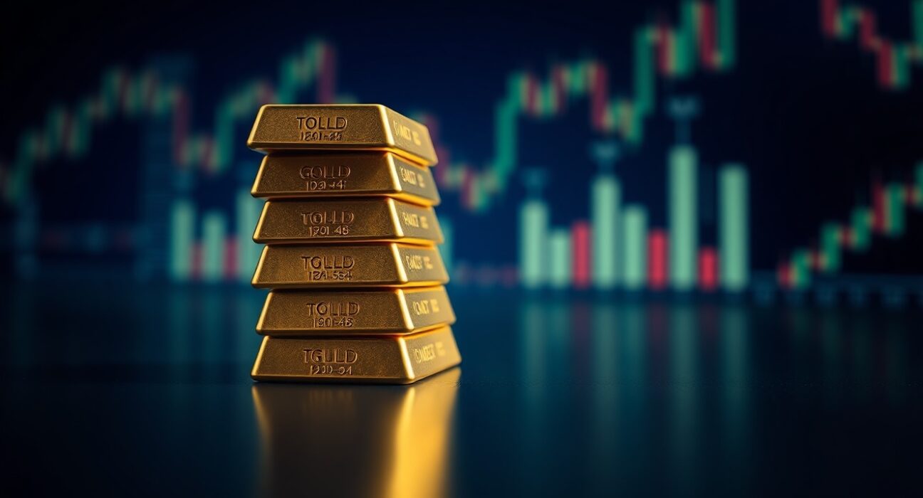 Gold bullion bars on a dark reflective surface with a cool, analytical mood.