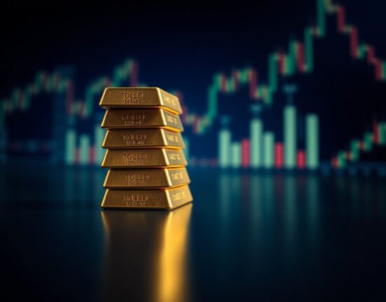 Gold bullion bars on a dark reflective surface with a cool, analytical mood.