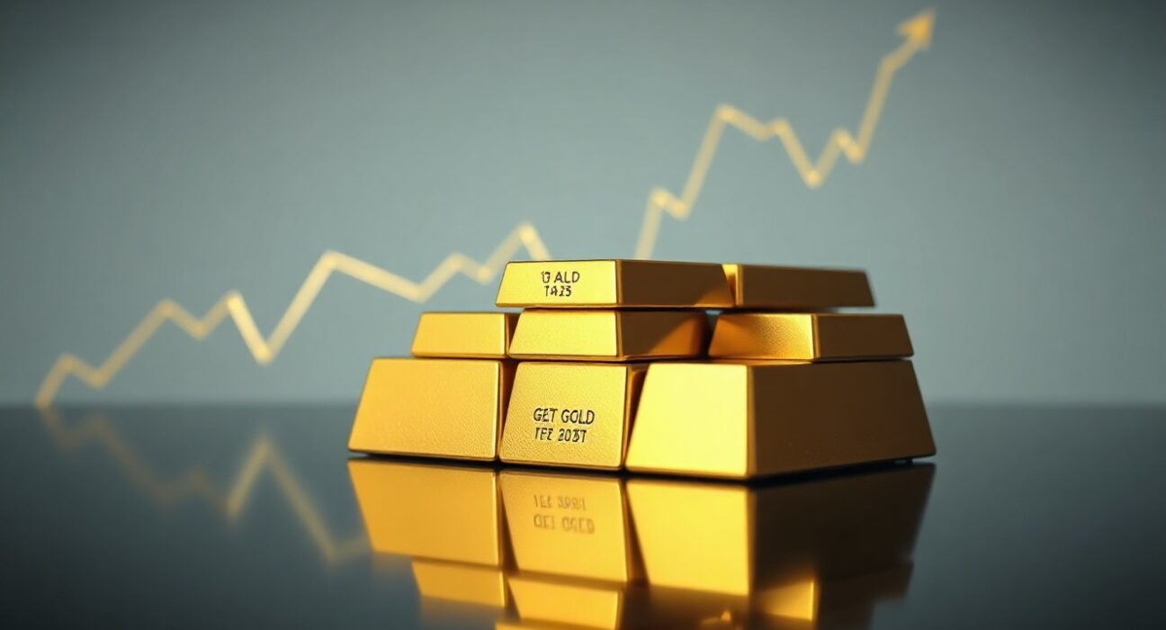 Gold bars stacked on a dark surface, representing the bullish gold price forecast near $4,400.