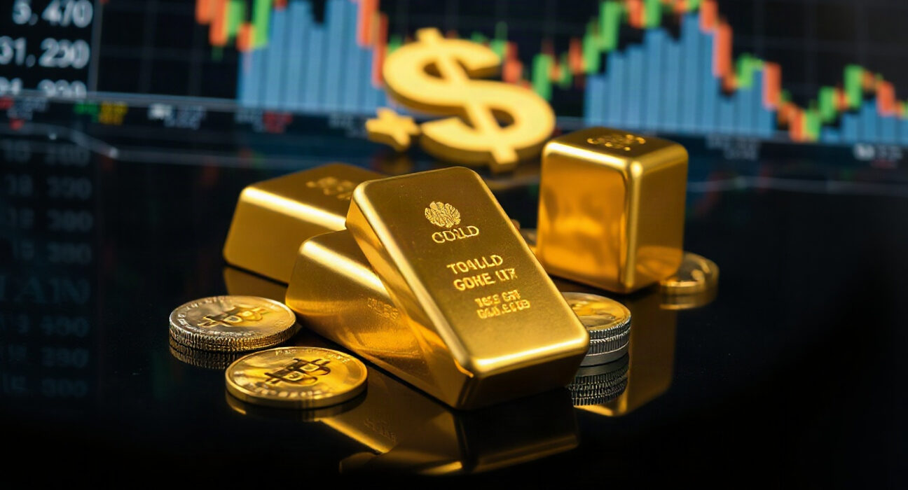 Gold bars and coins on a dark surface with stock charts in background, symbolizing price forecast analysis.