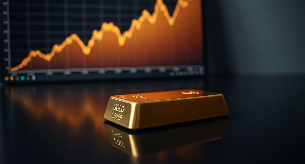 Gold bullion bar with a digital chart overlay, representing gold price technical analysis
