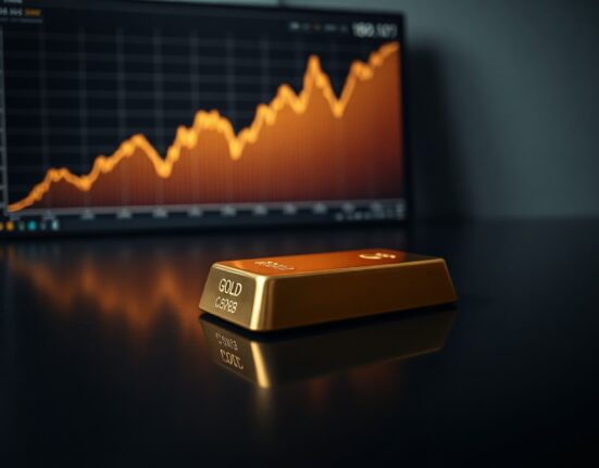 Gold bullion bar with a digital chart overlay, representing gold price technical analysis