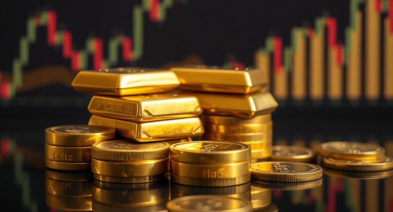 Gold bars and coins reflecting light, symbolizing stability during NFP week