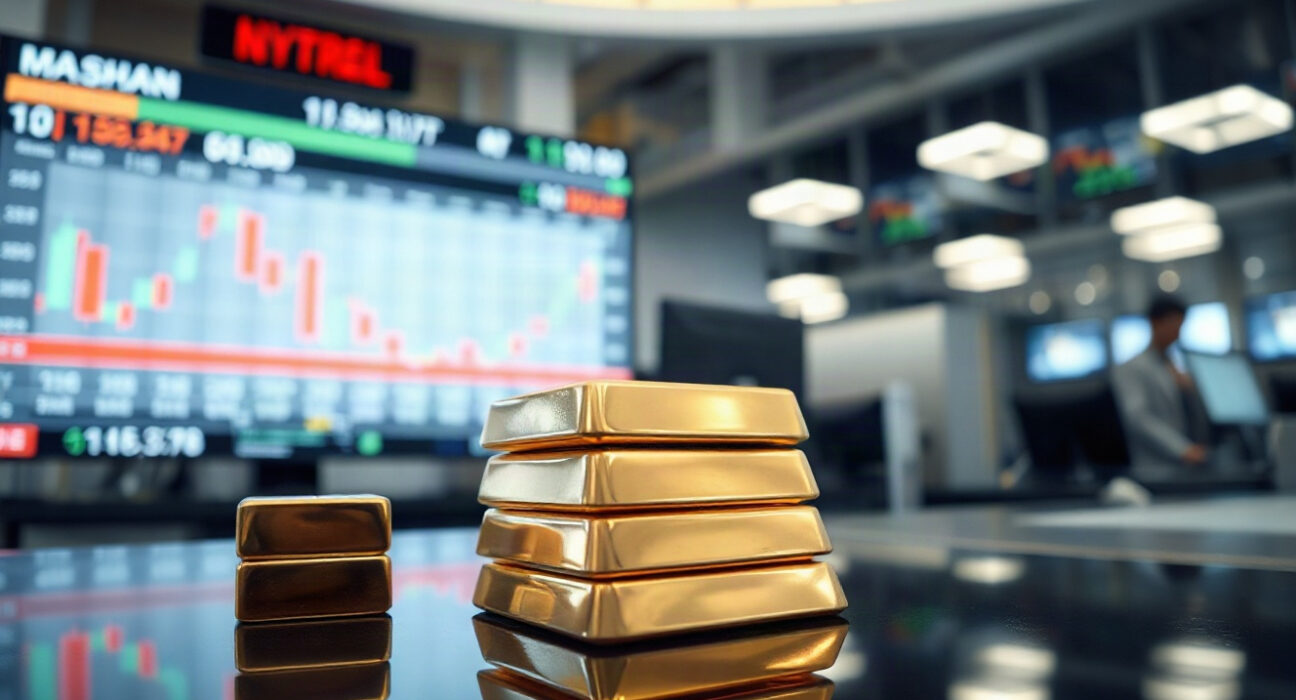 Gold bars stacked on a dark surface with a financial chart in the background, representing gold price movement and market analysis.