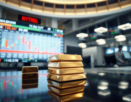 Gold bars stacked on a dark surface with a financial chart in the background, representing gold price movement and market analysis.