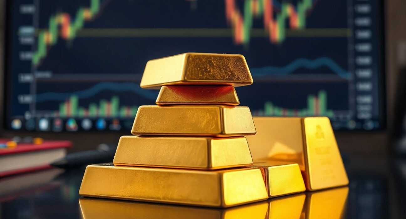 Gold bullion bars stacked with a blurred financial chart in the background