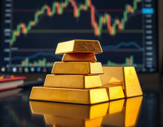 Gold bullion bars stacked with a blurred financial chart in the background