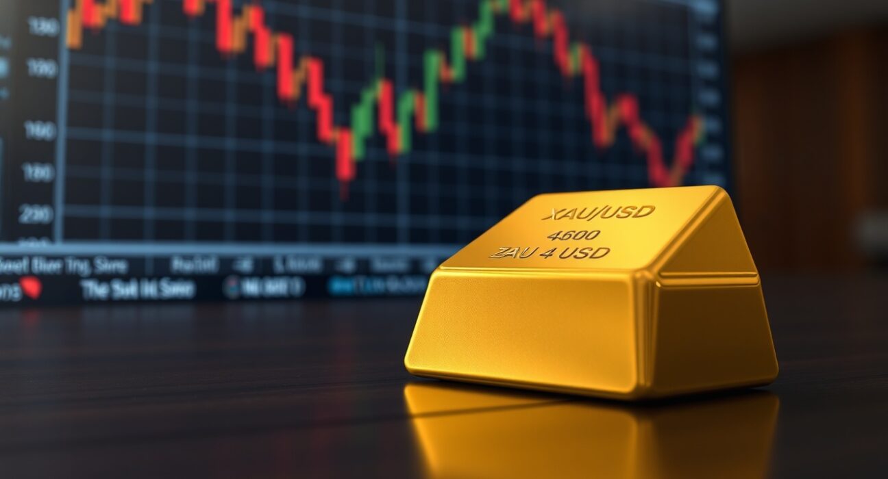 Gold price forecast: Spot gold bar with trading screen showing XAU/USD decline toward $4,600 support ahead of Fed decision.