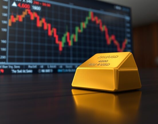 Gold price forecast: Spot gold bar with trading screen showing XAU/USD decline toward $4,600 support ahead of Fed decision.
