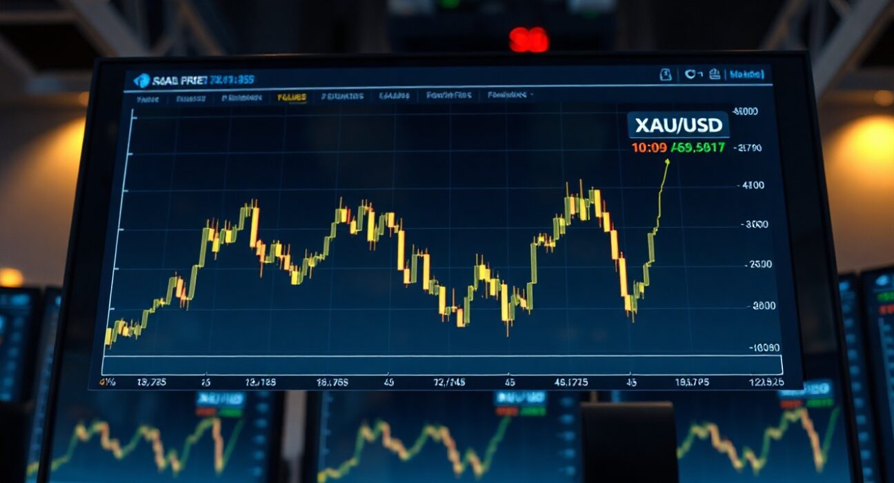 XAU/USD gold price chart on a trading terminal showing price action above the 100-day moving average.