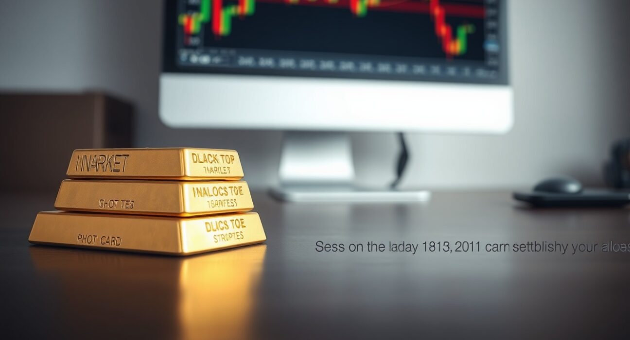 Gold bars on a table with a financial chart in the background, representing gold price analysis and market resistance.