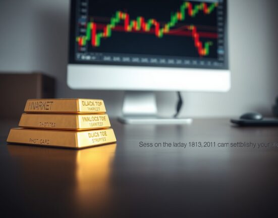 Gold bars on a table with a financial chart in the background, representing gold price analysis and market resistance.