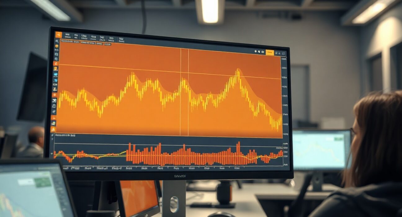 Gold price chart on a trading screen with moving averages in a newsroom setting
