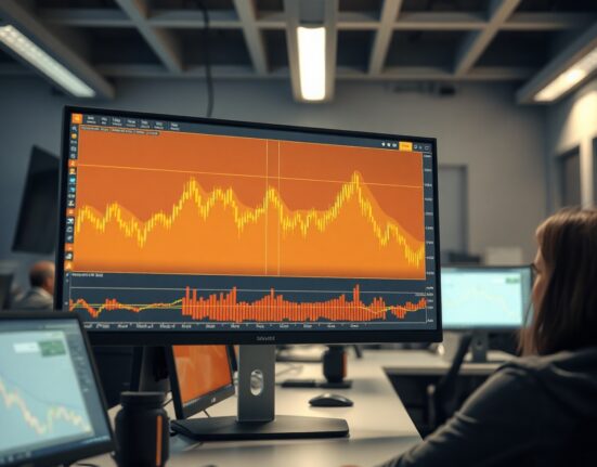 Gold price chart on a trading screen with moving averages in a newsroom setting