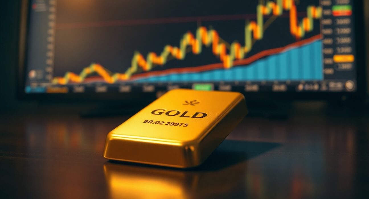 Gold bar with financial chart in background representing gold price forecast and market analysis