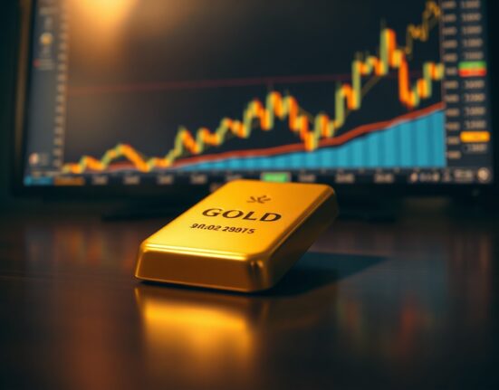 Gold bar with financial chart in background representing gold price forecast and market analysis