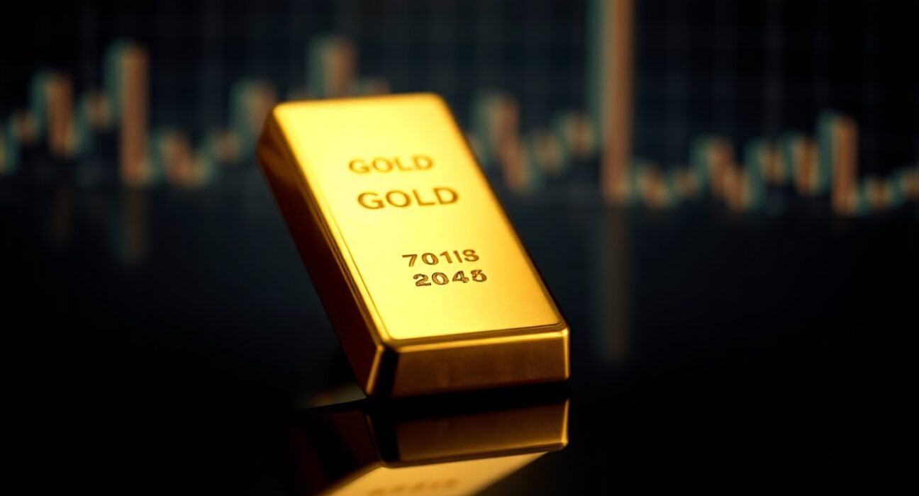 Gold bar on reflective surface with subtle market chart overlay