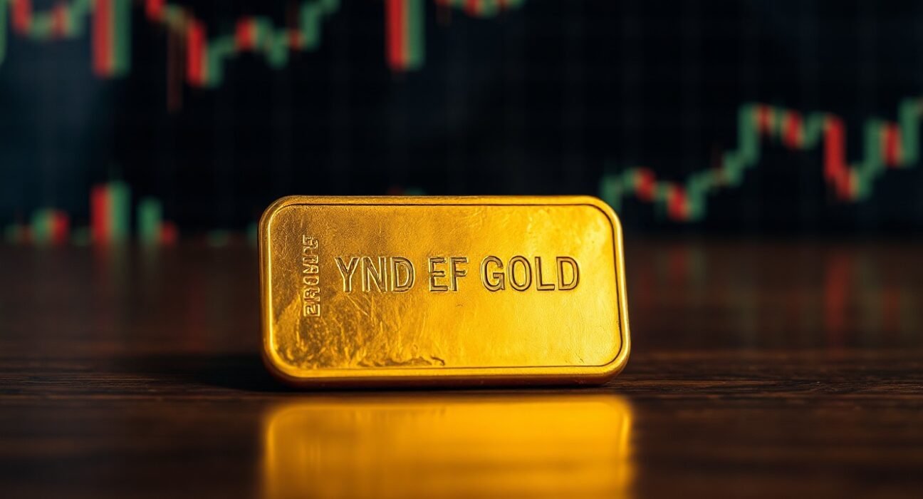 Gold bar on dark surface with blurred financial chart background representing market analysis