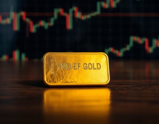 Gold bar on dark surface with blurred financial chart background representing market analysis