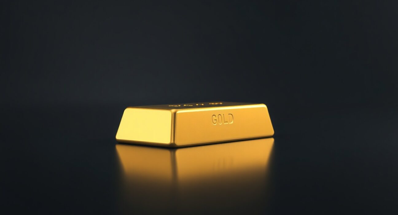 Gold bar on dark reflective surface representing precious metals market analysis