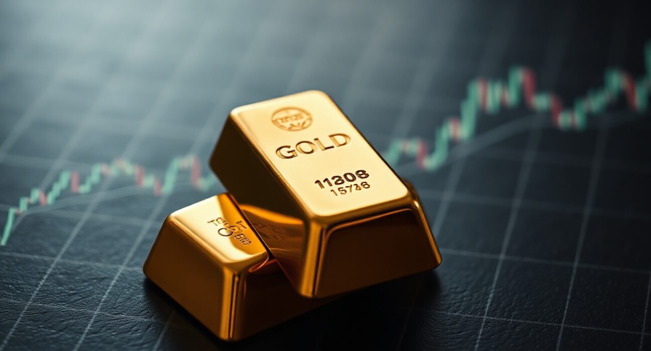 Gold bar resting on dark surface with subtle financial chart reflection in background