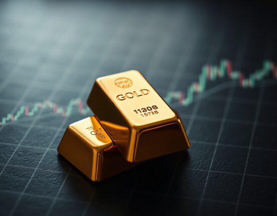 Gold bar resting on dark surface with subtle financial chart reflection in background