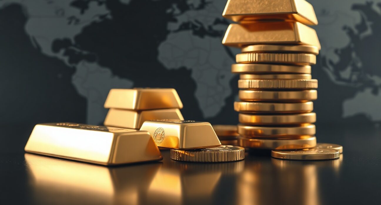 Gold bars and coins with a blurred geopolitical map background, symbolizing safe-haven demand amid Hormuz deal hopes.