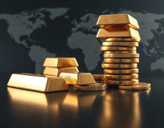 Gold bars and coins with a blurred geopolitical map background, symbolizing safe-haven demand amid Hormuz deal hopes.