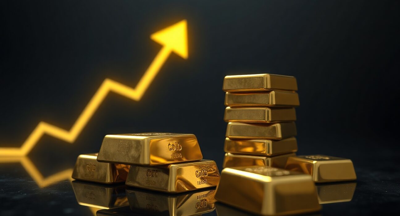 Gold bars on a reflective surface with a subtle upward arrow, symbolizing bullish price momentum.