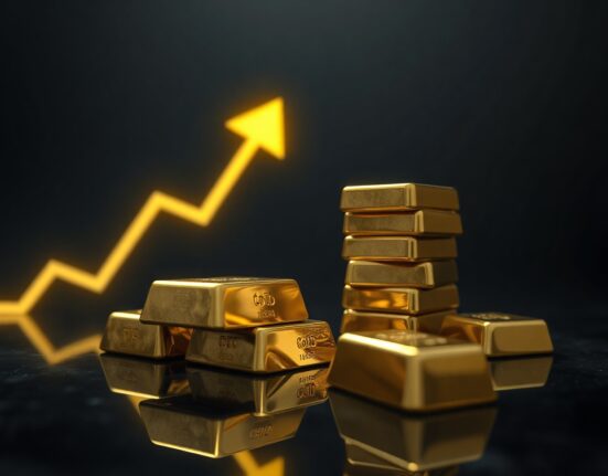 Gold bars on a reflective surface with a subtle upward arrow, symbolizing bullish price momentum.