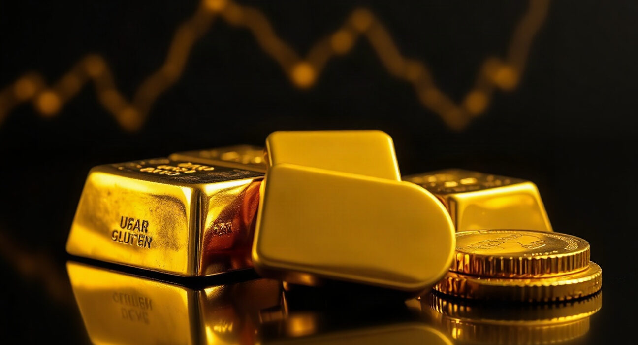Gold bars and coins on reflective surface with subtle price chart background